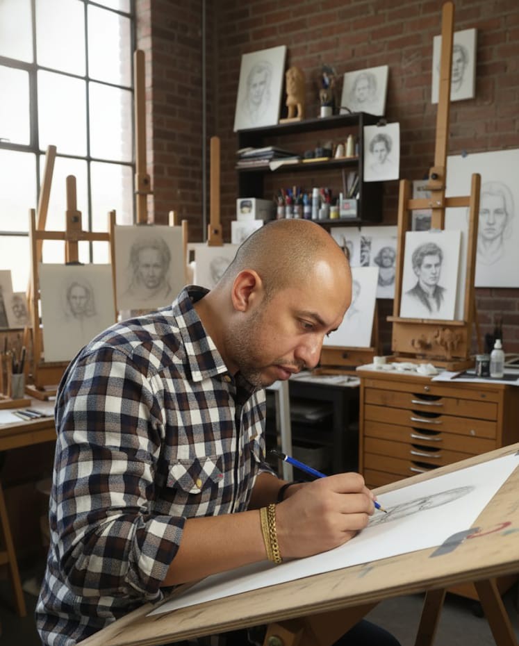 Retrato do artista Celestino Neto em seu atelier